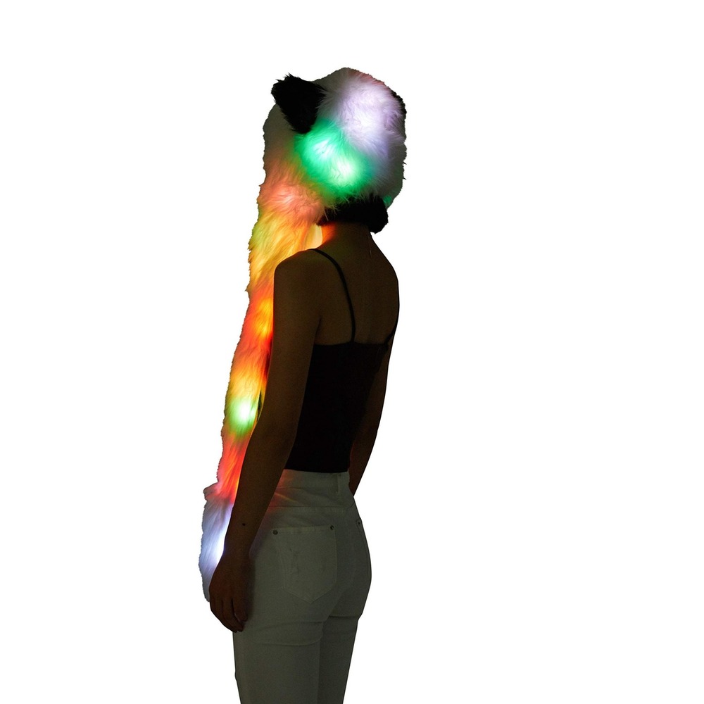 LED Light Up Panda Hat Scarf Gloves Faux Fur Spirit Hood w/ Paws Cosplay Costume - Picture 5 of 8